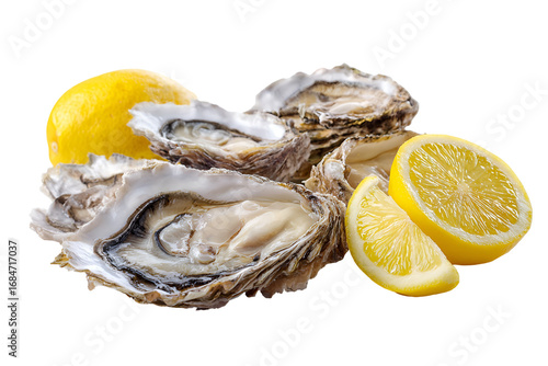 Fresh oysters and lemon slices isolated on transparent background