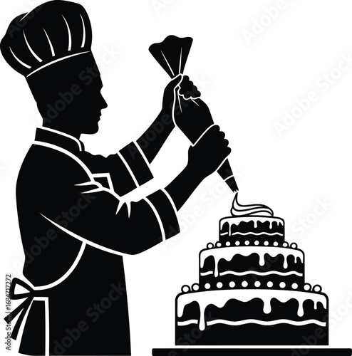 Vector illustration of a chef decorating a cake, a skilled culinary professional at work in kitchen