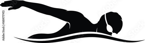 A black and illustration of a swimmer in freestyle stroke