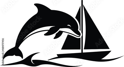 Vector illustration of a dolphin jumping near a sailboat, a marine animal in its natural habitat