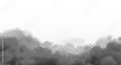 Black smoke realistic background. Dark gray smog texture with transparent effect. Halloween bg