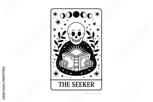 The Seeker Skeleton Reading Tarot Card Illustration, Mystical Book Art