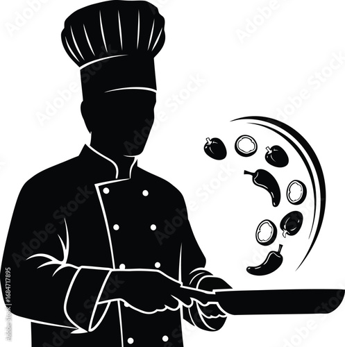 Chef in uniform cooking food in a pan, a culinary expert preparing a delicious meal with skill and precision