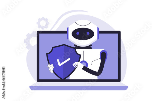 AI Security and Digital Protection Illustration. An AI Robot Safeguarding a Laptop with a Digital Shield, Highlighting Advanced Cybersecurity and Automated Defense. Vector Flat Illustration