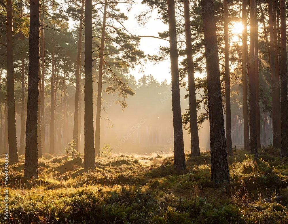 Obraz premium Golden Sunlight in a Peaceful Forest.