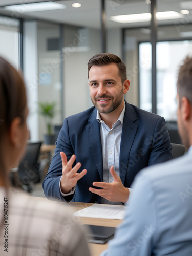 Male employee is explaining to the manager while being interviewed in the office room.