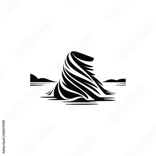 Stylized black and white illustration of a draped figure or abstract sculpture in a minimalist landscape