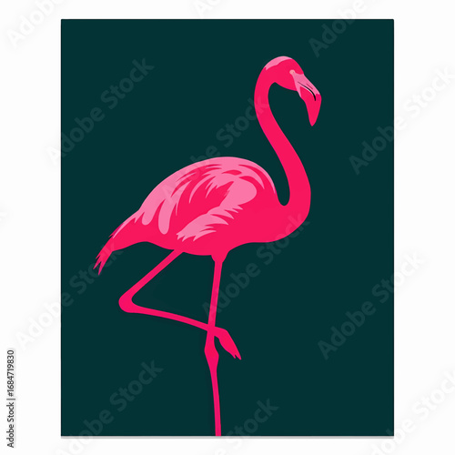 A bold and modern graphic design featuring a vibrant fuchsia flamingo in a striking silhouette against a dark background