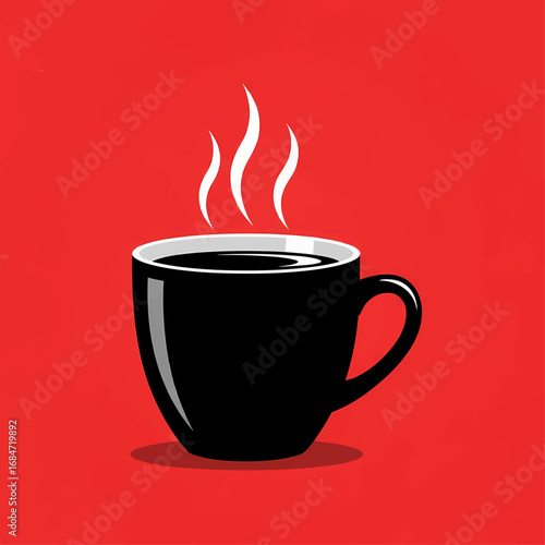 A simple vector illustration of a hot black coffee mug with steam rising, isolated on a vibrant red background for a morning energy boost