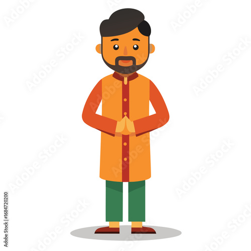 A man icon in a traditional Indian kurta, standing with a namaste gesture, a cultural character on a plain white background, for diversity themes.