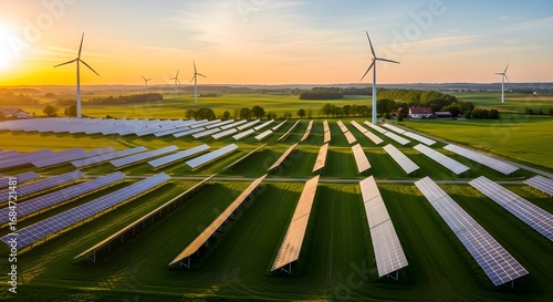 Sunset over Renewable Energy Landscape with Solar Panels and Wind Turbines
