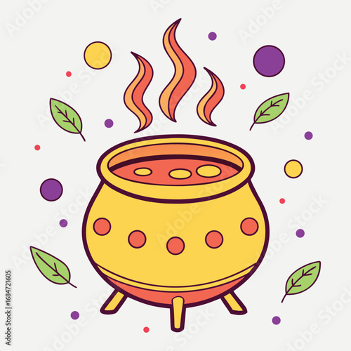 Vector art of a colorful cartoon cauldron with bubbling liquid and flames, surrounded by decorative dots and leaves, on a light background