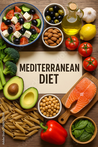 Mediterranean diet: fresh colorful vegetables, seafood, and olive oil