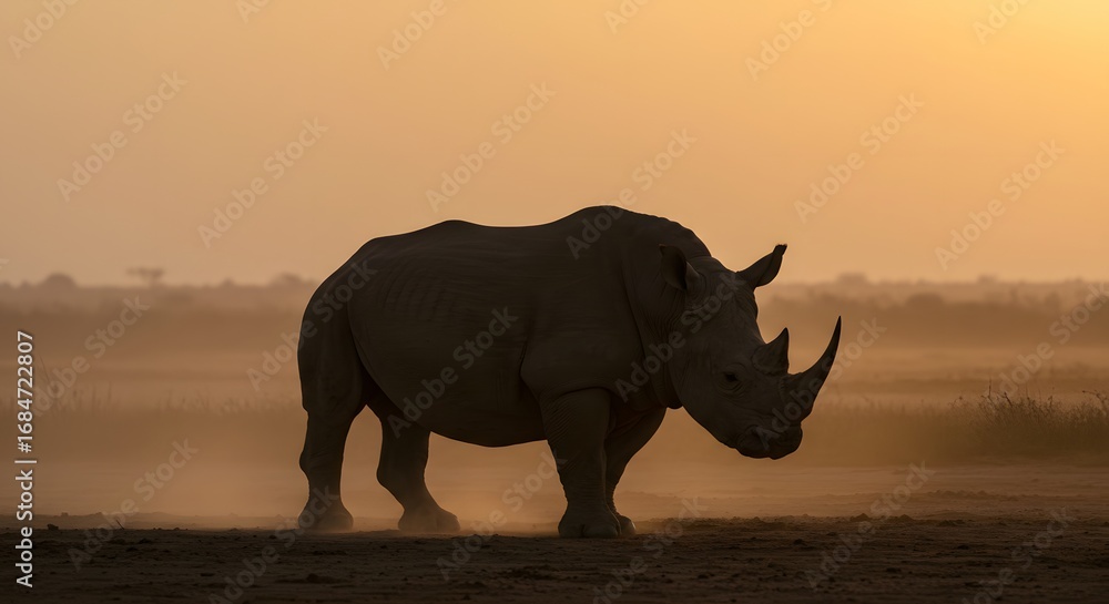 Fototapeta premium Majestic rhinoceros silhouetted against a dusty golden sunset