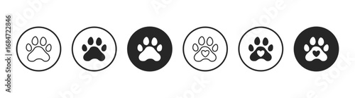 Dog and cat paw print icon set with cute animal footprints, silhouette, cartoon illustration in circle and wild track design. Vector template on transparent background.