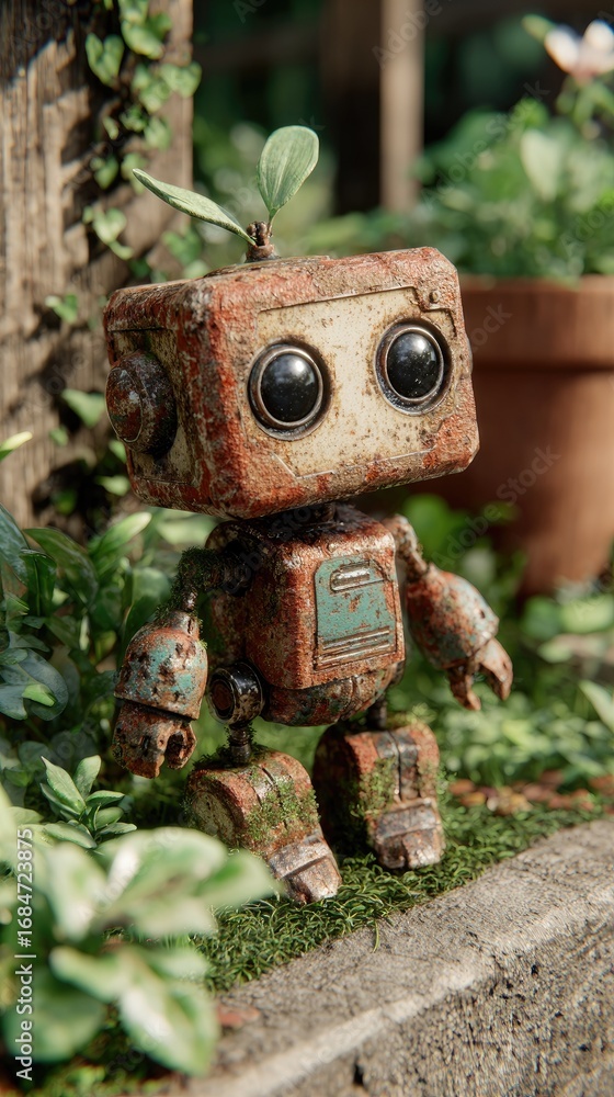 Obraz premium Rusty little robot amidst greenery