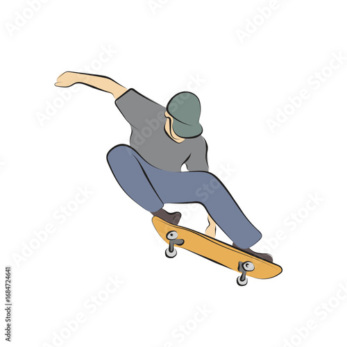 skateboarder doing flip and jumping trick illustration vector hand drawn with black lines isolated on white background.