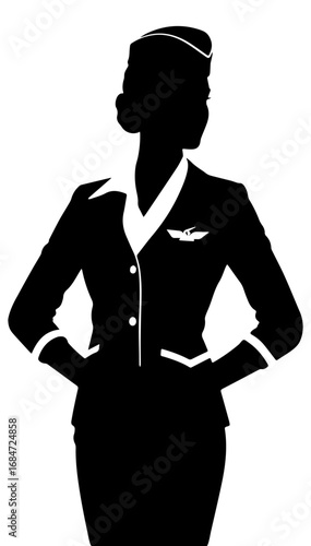 Black and white illustration of a flight attendant on a white isolated background. Vector graphics. EPS.
