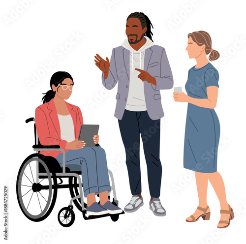 Flat vector illustration of diverse business people in smart casual clothes, including African American man and young woman in wheelchair, communicating in an inclusive workplace, isolated