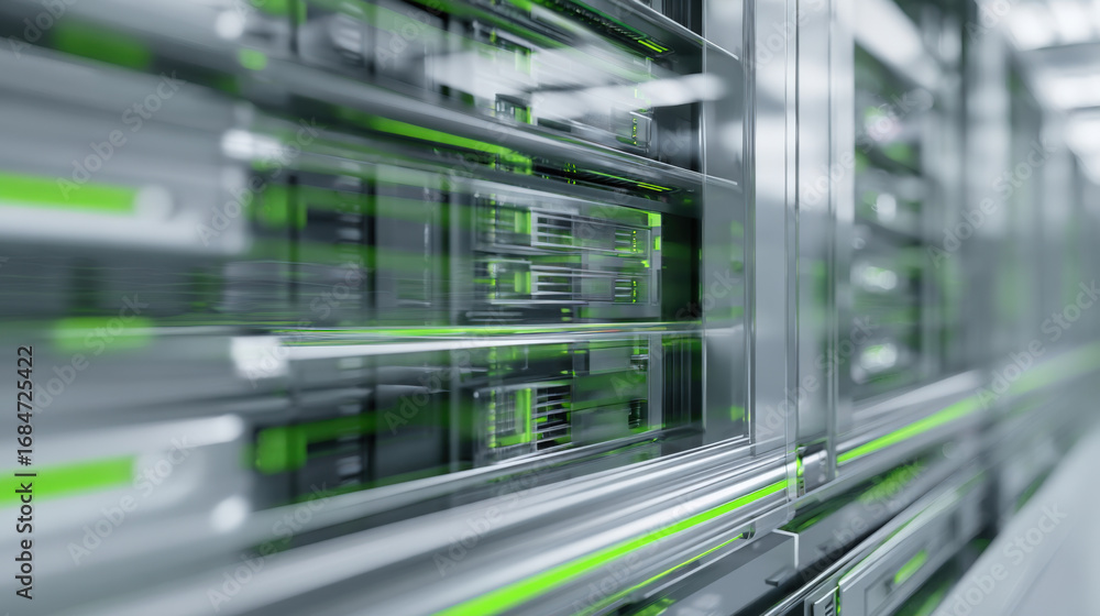 Obraz premium modern data center with glowing green elements, representing speed, advanced technology, and cloud infrastructure