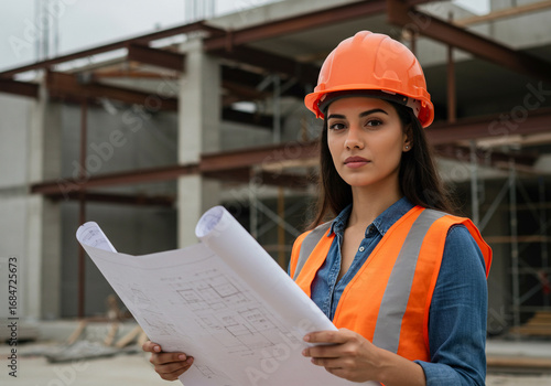 Confident female architect reviewing blueprints at construction site, wearing safety gear