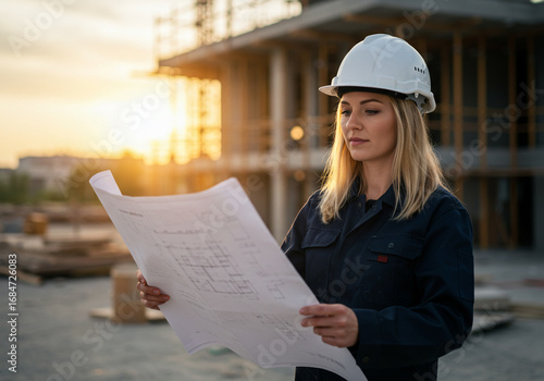 Female architect reviewing blueprints at construction site during sunset, planning and building