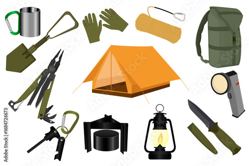 Simple illustration set of camping gear including a tent, backpack, mug, gloves, shovel, multi-tool, stove, lantern, knife, and flashlight. Ideal for outdoor themes.