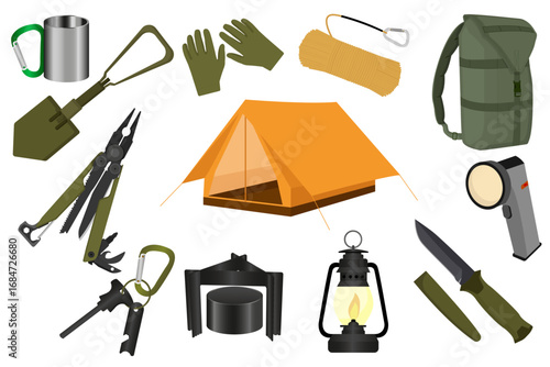 Simple illustration set of camping gear including a tent, backpack, mug, gloves, shovel, multi-tool, stove, lantern, knife, and flashlight. Ideal for outdoor themes.