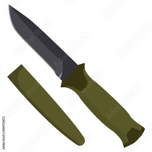 Simple illustration of a green military knife with a sheath. Ideal for outdoor or survival themes.