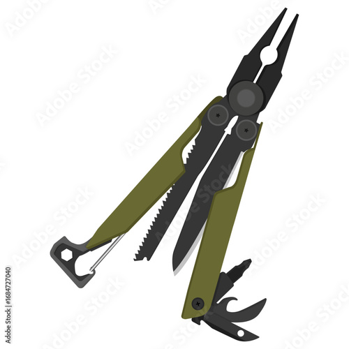 Simple illustration of a green multi-tool with pliers, knife, saw, screwdriver, and bottle opener. Great for outdoor games or survival themes.