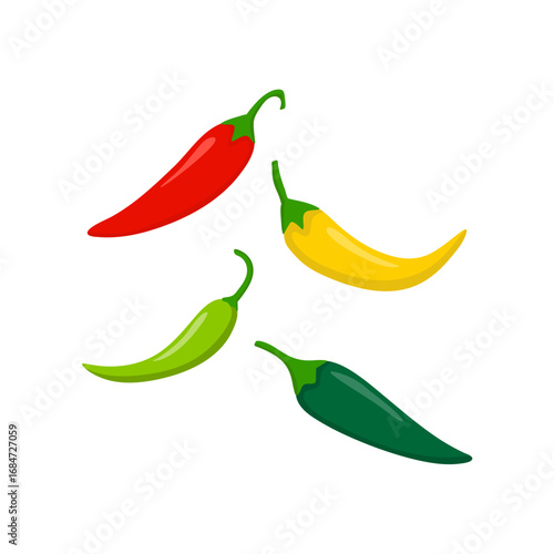 Hot chili peppers, jalapeno vegetables, cayenne pepper red, green, yellow colors isolated on white background. Vector illustration