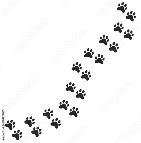 Dog and cat paw print icon set with animal footprints, silhouette, vector design, pattern and trail illustration. Cute pet track symbols on transparent background.
