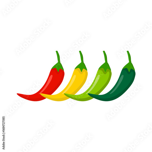 Hot chili peppers, jalapeno vegetables, cayenne pepper red, green, yellow colors isolated on white background. Vector illustration