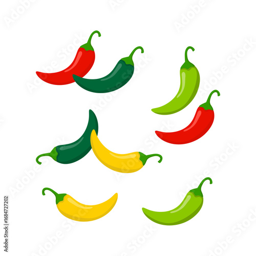 Hot chili peppers, jalapeno vegetables, cayenne pepper red, green, yellow colors isolated on white background. Vector illustration