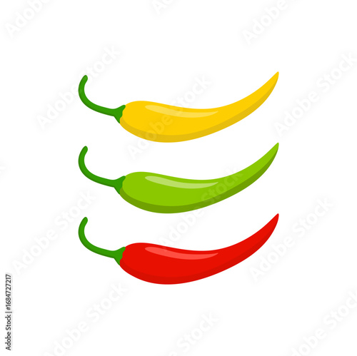 Hot chili peppers, jalapeno vegetables, cayenne pepper red, green, yellow colors isolated on white background. Vector illustration