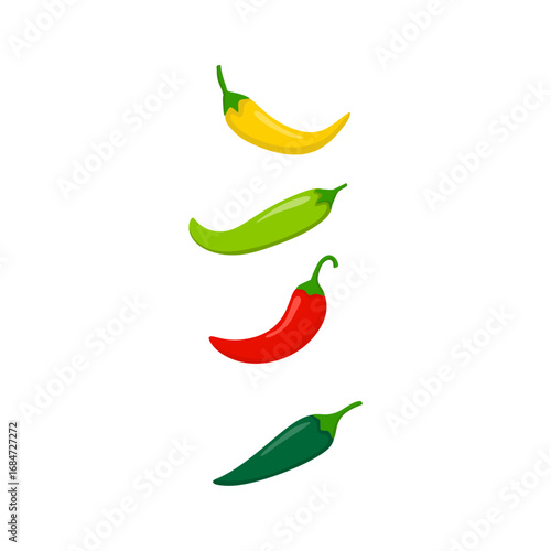 Hot chili peppers, jalapeno vegetables, cayenne pepper red, green, yellow colors isolated on white background. Vector illustration