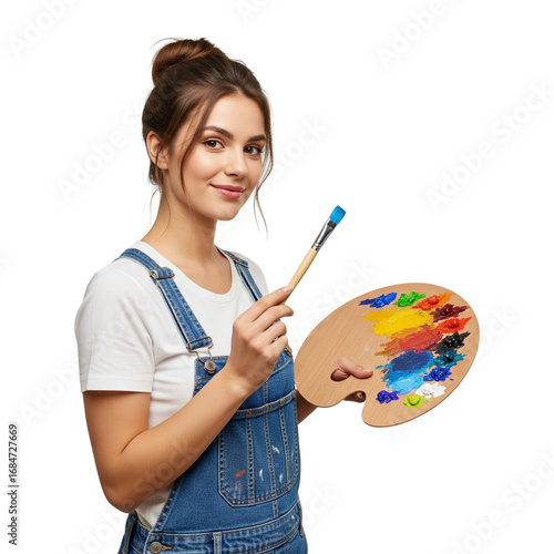 beautiful young woman artist holding brush and paint palette on Isolated transparent background png. generated with AI