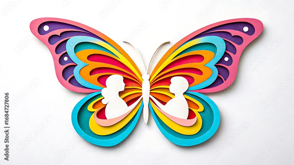 Obraz premium Colorful paper cut butterfly with human silhouettes inside wings
