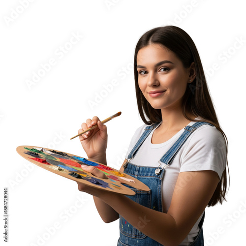 beautiful young woman artist holding brush and paint palette on Isolated transparent background png. generated with AI