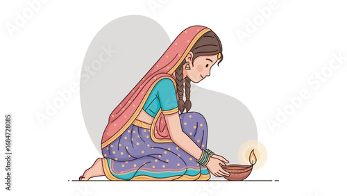An illustration of a young Indian girl in traditional attire, adorned with braids, kneeling and lighting a diya, symbolizing devotion and the spirit of celebration during a festival