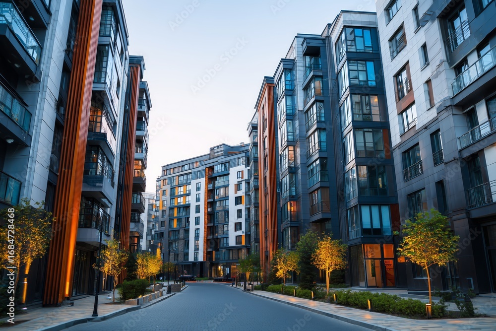 Fototapeta premium Modern residential buildings along a city street view