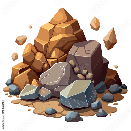 Cartoon stone and brown rock, 3D boulders and pebbles, pile of rubble and debris, isolated natural landscape elements, mountain cliff and rocky terrain, gravel game texture wall piece. Vector set 
