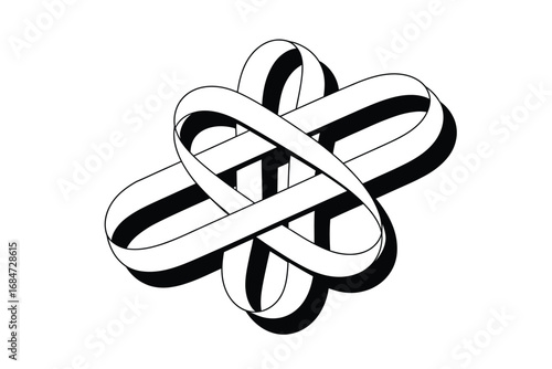 A complex geometric shape composed of interwoven white bands with a black drop shadow effect design