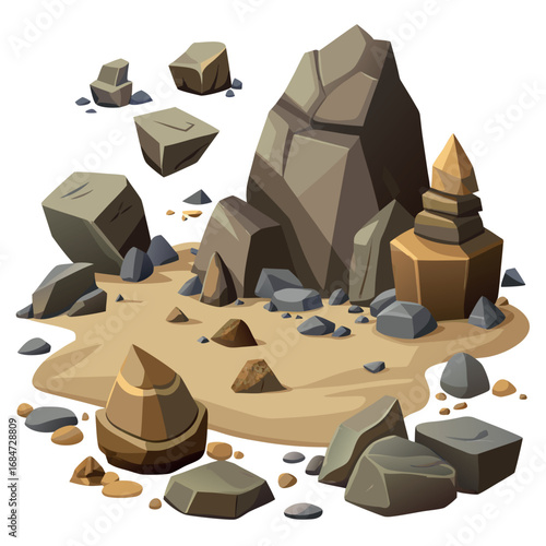 Cartoon stone and brown rock, 3D boulders and pebbles, pile of rubble and debris, isolated natural landscape elements, mountain cliff and rocky terrain, gravel game texture wall piece. Vector set 