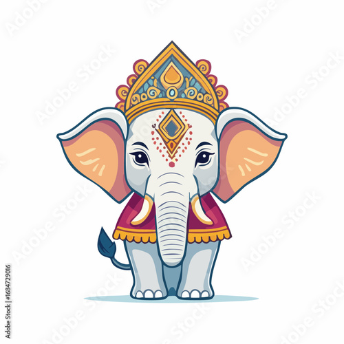 Stylized flat vector illustration of a sacred Indian elephant adorned with a majestic headpiece and a decorative saddle, presented as a cute icon