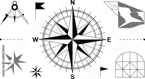 A compass rose with north south east and west and navigational tools and geometric shapes around it