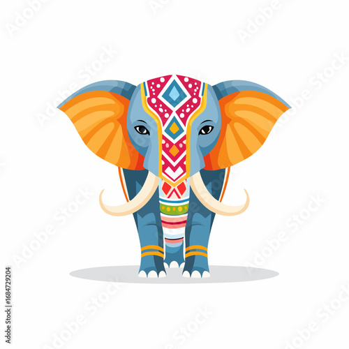 A modern flat vector illustration of a beautifully decorated Indian elephant with traditional jewelry and a colorful saddle for cultural festivals