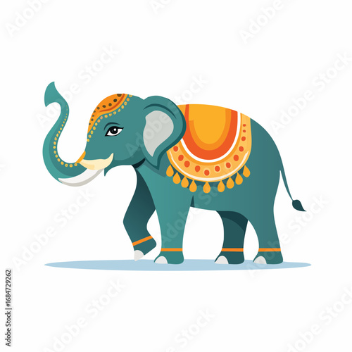 Modern flat vector icon of a sacred Indian elephant adorned with traditional jewelry and vibrant, henna-style decorative patterns