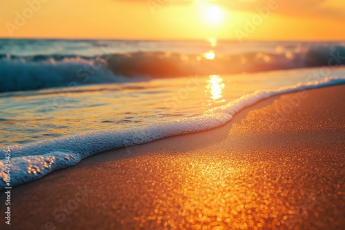 Serene close-up of sandy beach meeting the tranquil sea as the sky paints a tropical horizon in orange and gold hues of sunset