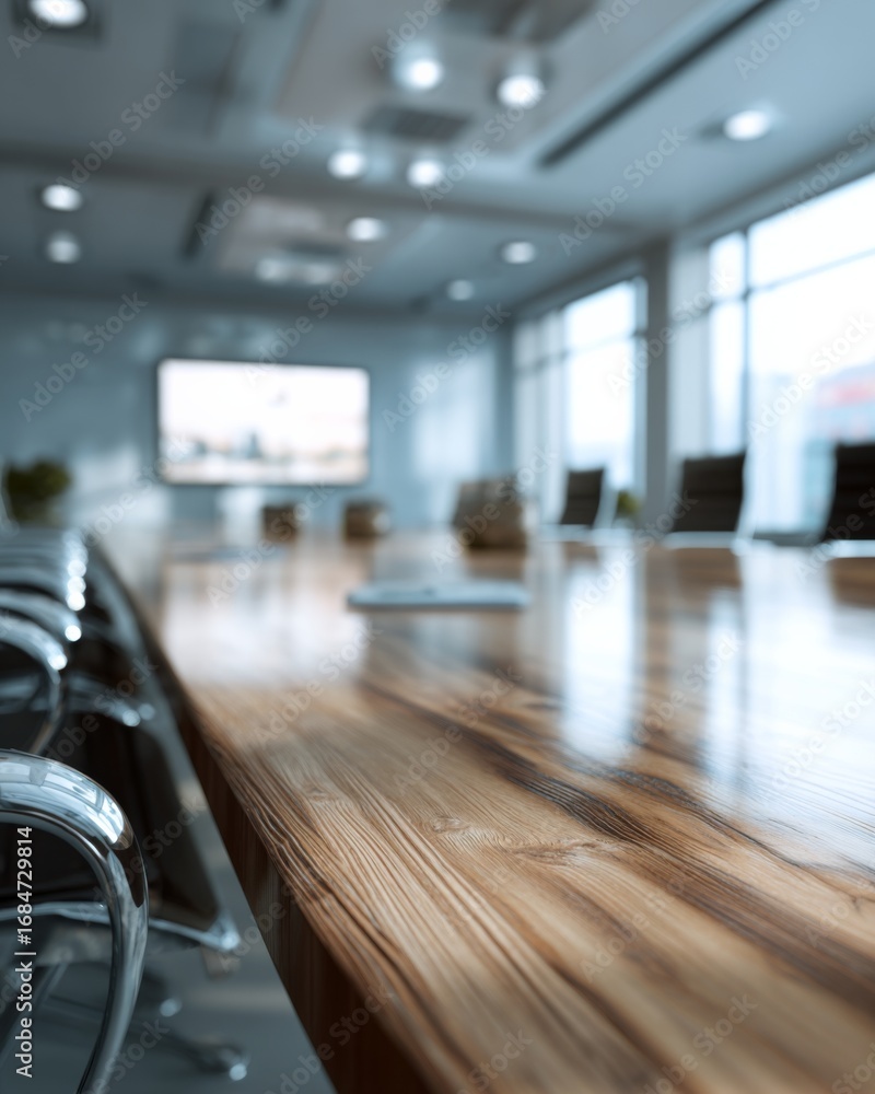 Fototapeta premium Polished conference table surface in sharp detail with blurred business meeting background.